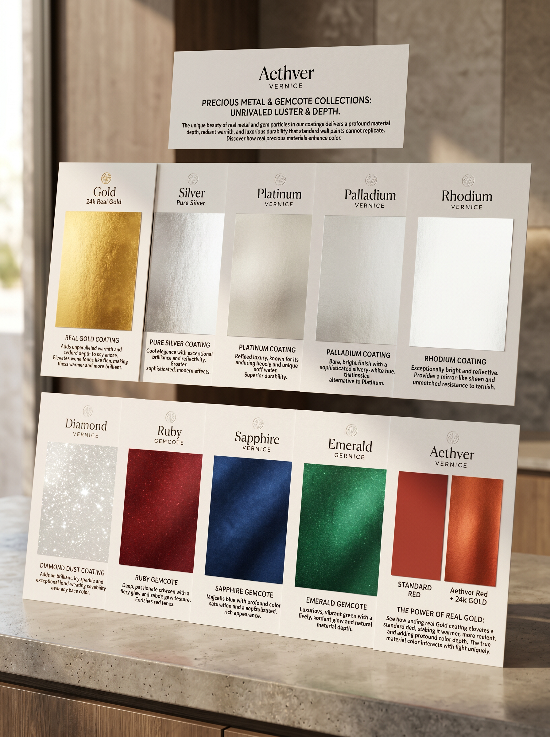 Real silver, gold, diamond, platinum, palladium, rhodium, ruby, emerald, sapphire paint. 